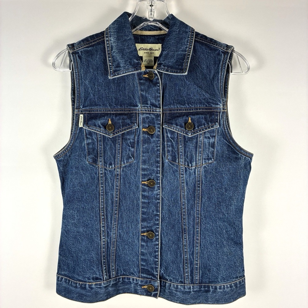 Eddie Bauer Denim Jean Vest Women's XS Blue Med Wash Trucker Button Up Americana